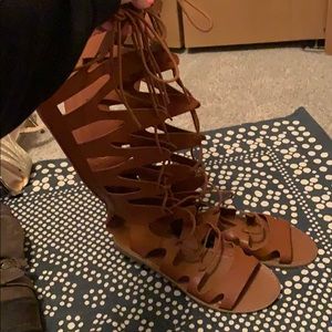 Brown tall lace up sandals (never worn)